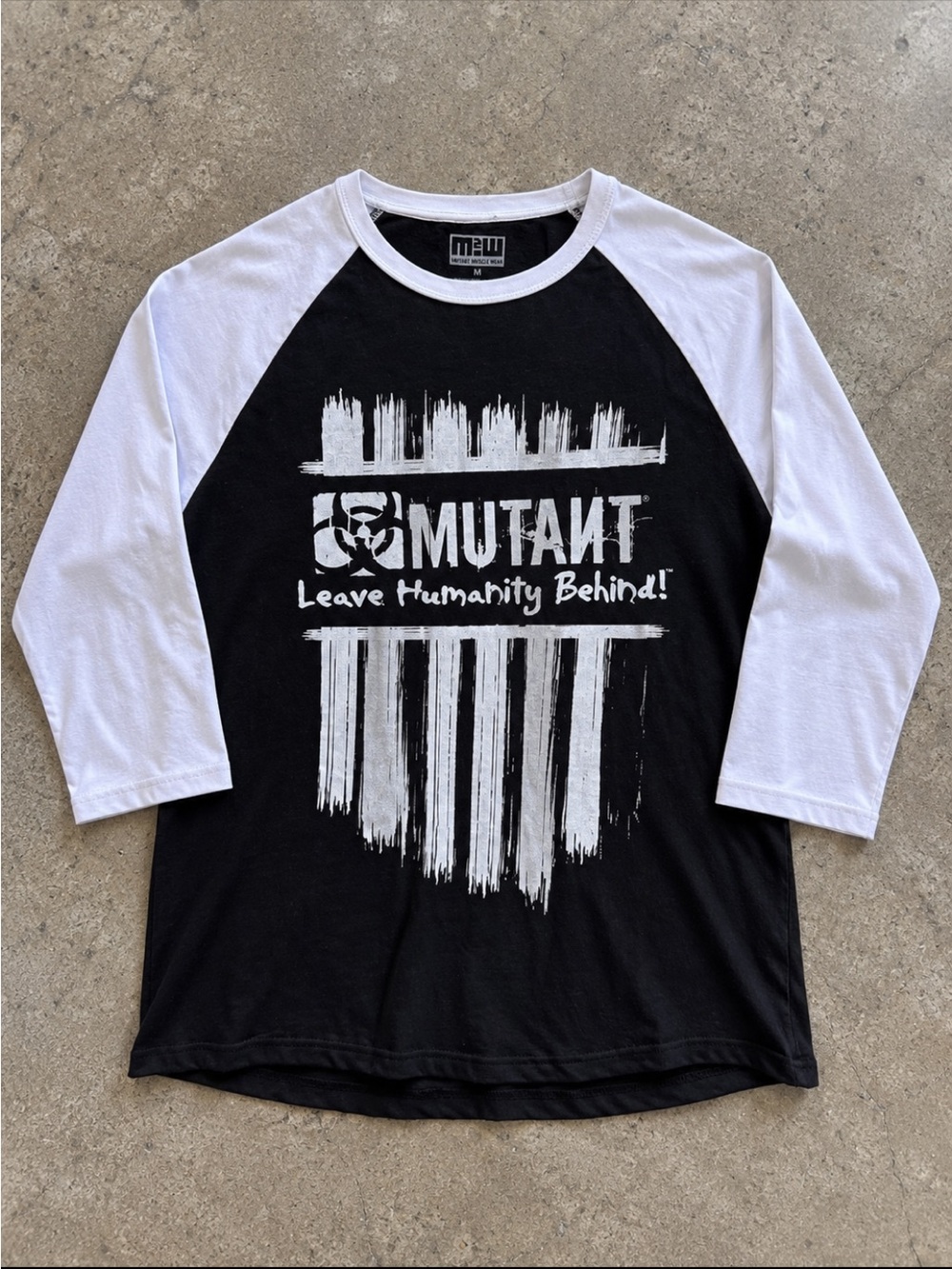 Mutant Muscle Wear Raglan Baseball Shirt Black White Graphic Tee Medium Y2K